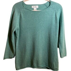 Soft Surroundings Green Cashmere Sweater Raglan Sleeves Accent Stitch Size Small